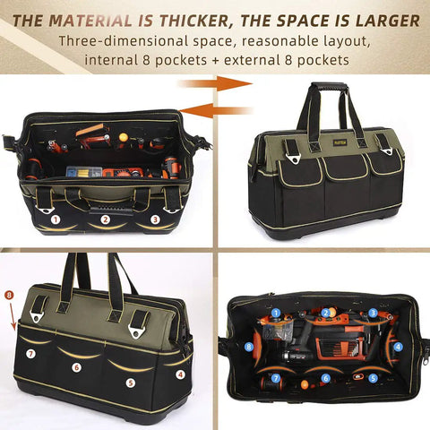 15 Inch Wide Mouth Tool Bag With Waterproof Molded Base showing internal and external pockets, sturdy handles, and adjustable strap.