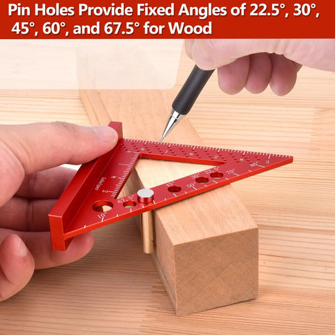 Handy 0.7mm Mechanical Pencil Mini Carpenter Square With 90 Degree Fixed Miter Pin in use for precise woodworking marking.