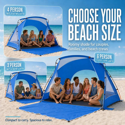 Portable Beach Sun Shelter For 2 To 8 People, UPF 50 Plus UV Protection, 3-6 person capacity on sandy beach