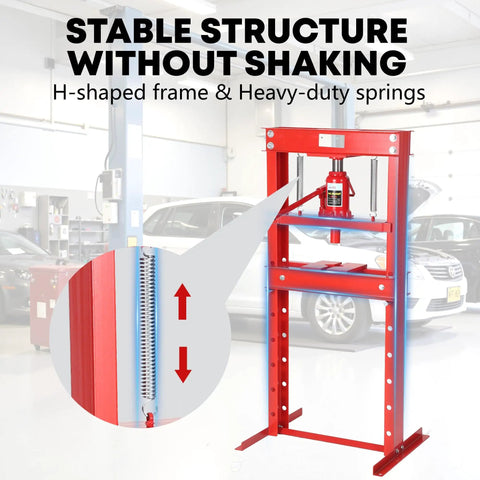Built Like A Tank 20 Ton Hydraulic H Frame Shop Press showing stable H-shaped frame and heavy-duty springs for auto repair.