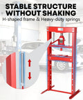 Super Tough Twenty Ton H Frame Hydraulic Shop Press Adjustable Heavy Duty Floor Press with H-shaped frame and springs.