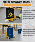 Heavy-Duty 55 Gallon Drum Dolly With Swivel Wheels, 1200 Lbs Capacity, Rugged Steel Frame, Height-Adjustable Handle, 360 Degree Steering For Easy No-Fuss Maneuvering In Tight Spaces, yellow steel drum dolly with handle and swivel wheels in warehouse