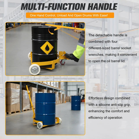 Heavy-Duty 55 Gallon Drum Dolly With Swivel Wheels, 1200 Lbs Capacity, Rugged Steel Frame, Height-Adjustable Handle, 360 Degree Steering For Easy No-Fuss Maneuvering In Tight Spaces, yellow steel drum dolly with handle and swivel wheels in warehouse