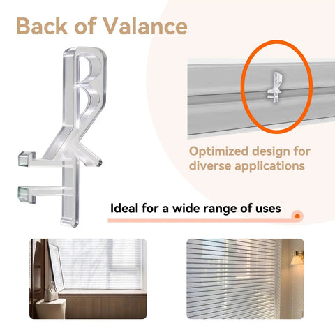 Clear Hidden Channel Valance Clips 1-7/8 Inch Set Of 22 For Wood And Faux Wood Blinds, back view demonstrating optimized design for various uses.