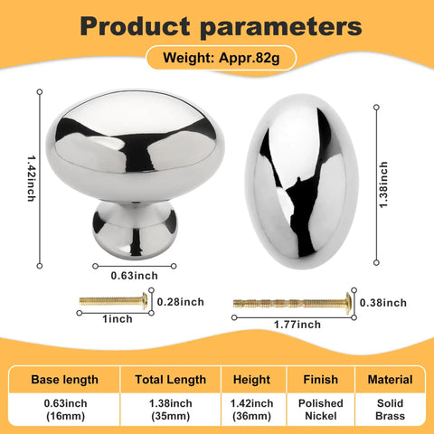 Oval Shape Polished Nickel Cabinet Drawer Knobs Set with dimensions and hardware details, Solid Brass Dresser Drawer Pulls