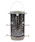 X-1 Squirrel-Proof Bird Feeder With Four Feeding Ports And A 4.2 Pound Seed Capacity, viewed from front, silver metal design.
