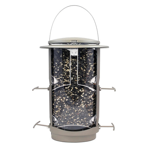 X-1 Squirrel-Proof Bird Feeder With Four Feeding Ports And A 4.2 Pound Seed Capacity, viewed from front, silver metal design.
