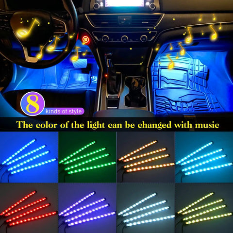 Multicolor Music LED Car Interior Strip Lights Kit With Sound Active Rhythm USB Powered Under Dash Ambient Lighting Wireless Remote Control 4 Piece Set Easy Install 2 Year Warranty showing blue lighting inside a car