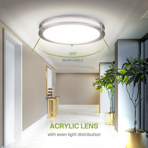 Lit 16 Inch Round Flush Mount Ceiling Light With 3CCT Dimmable LED 24W 1854 Lumens 3000K To 5000K installed in a hallway
