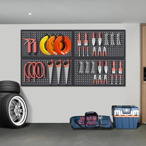 Heavy Duty 48x24 Inch Metal Pegboard Wall Organizer Kit With Black Panels, Hooks And Bins For Garage And Shed, Tool Storage System