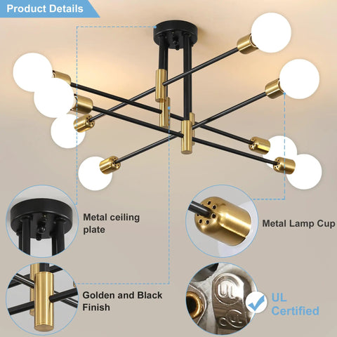 Starburst Inspired Eight Light Pendant Chandelier In Black Finish Mid Century Modern Nordic Ceiling Light with metal details