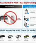 Image showing compatibility info for Heavy Duty Tesla To J1772 Charging Adapter, highlighting non-compatible Tesla Supercharger.