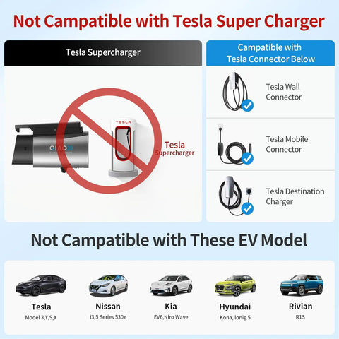 Image showing compatibility info for Heavy Duty Tesla To J1772 Charging Adapter, highlighting non-compatible Tesla Supercharger.