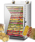 Top Notch Stainless Steel Electric Food Dehydrator With 12 Hour Timer And Adjustable Temp Dial, loaded with colorful dried fruits.