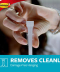 Person removing a Replacement Bath Strips Set With 2 Medium And 4 Large Water Resistant Adhesive Strips For Rehanging Bath Hooks Or Caddies No Tools No Residue Easy Removable In Hot Wet Humid Bathrooms from glass surface.
