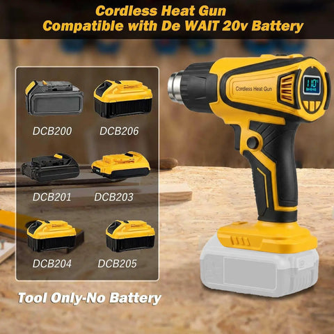 Cordless Heat Gun With Adjustable Temp 120F To 1110F LCD Display And LED Light Portable Hot Air Tool With 4 Nozzles on table