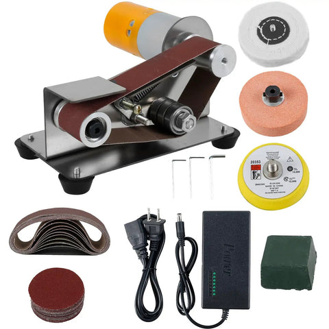 Compact Mini Belt Sander Featuring Seven Adjustable Speeds Hella Smooth Finishing And Precision Knife Sharpening For Metal Jewelry Woodworking And Quick Handyman Repairs Badass Bench Grinder Setup with accessories.