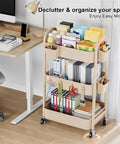 Beige 3 Tier Rolling Cart With Metal On Wheels A Spacious Multi Purpose Storage Organizer Trolley for supplies next to desk