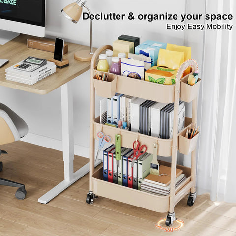 Beige 3 Tier Rolling Cart With Metal On Wheels A Spacious Multi Purpose Storage Organizer Trolley for supplies next to desk