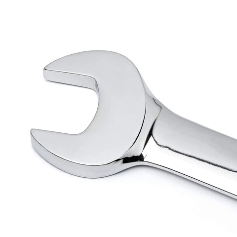 Close-up of a chrome 8 Piece 72 Tooth 12 Point Reversible Ratcheting Wrench Set In SAE With 15 Degree Offset Pro Grade Surface Drive