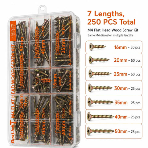 Flat Head Wood Screw Kit M4 250 PC Set Must Have With 7 Lengths 16mm 20mm 25mm 30mm 35mm 40mm 50mm Yellow Zinc Plated