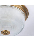 Vintage Brass Two Light Close To Ceiling Flush Mount Fixture In Archie Collection Style with prismatic glass detail