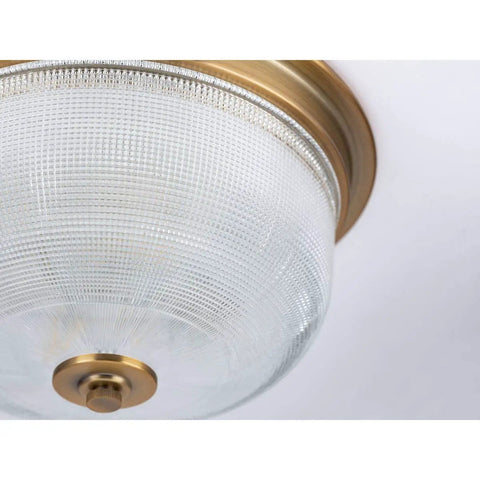 Vintage Brass Two Light Close To Ceiling Flush Mount Fixture In Archie Collection Style with prismatic glass detail
