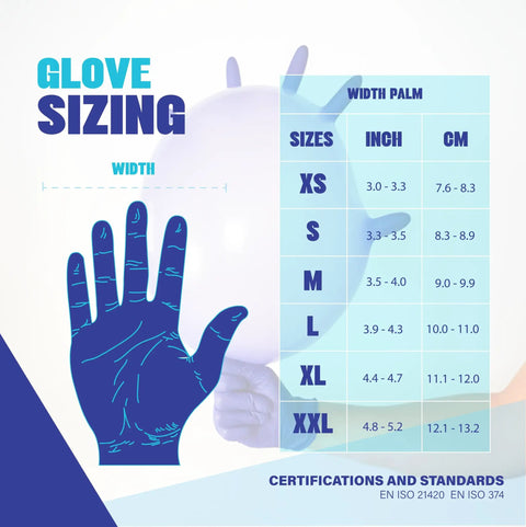 Glove sizing chart for Built Tough 5 Mil Thick Nitrile Exam Gloves In Sharp Cobalt Blue Disposable Latex Free Protective Handwear.