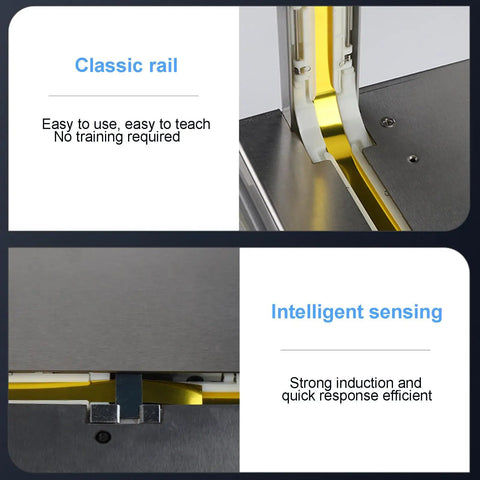 This Smart Automatic Opp Tape Strapping Machine Is A Real Game Changer For Supermarkets Using Heat Seal Technology For Hassle Free Veggies Bundling With No Messy Glue Needed, showcasing classic rail and intelligent sensing details.