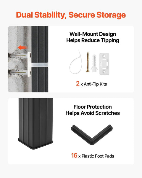 Beefy Heavy Duty Industrial Metal Storage Shelving Unit wall-mount anti-tip kit and plastic foot pads detail