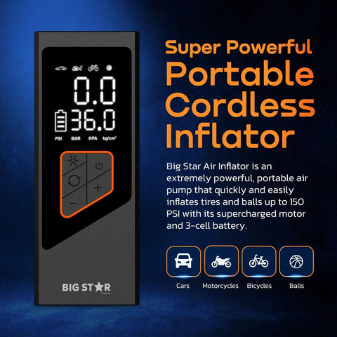 Super Slick 150 Psi Portable Tire Inflator Air Compressor With Digital Gauge Auto Shut Off Led Light For Car Suv Motorcycle And Sports Balls, digital display showing pressure.