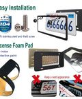 Anti Theft License Plate Frames With Carbon Fiber Look Aluminum Construction And Stainless Steel Anti Theft Screws For Front And Rear US Cars Protect Your Tags From Thieves And Weather While Keeping Your Car Clean display image with installation and features