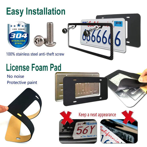 Anti Theft License Plate Frames With Carbon Fiber Look Aluminum Construction And Stainless Steel Anti Theft Screws For Front And Rear US Cars Protect Your Tags From Thieves And Weather While Keeping Your Car Clean display image with installation and features