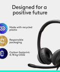 H390 Wired Headset With Noise Cancelling Mic For PC And Chromebook shown with sustainability features