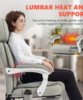 Woman sitting on Massage Office Chair With Lumbar Heat For All Day Back Relief in light gray, showing lumbar support feature.