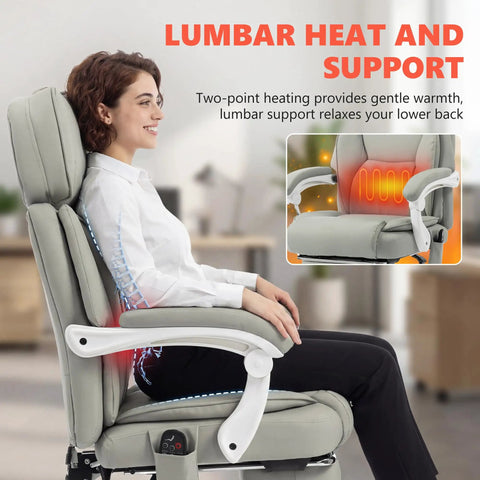 Woman sitting on Massage Office Chair With Lumbar Heat For All Day Back Relief in light gray, showing lumbar support feature.