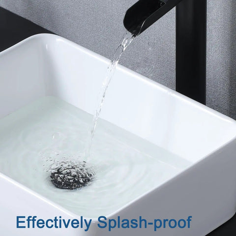 Vessel Sink 22 x 15 Inch White Ceramic Above-Counter Bathroom Sink filling with water, showing splash-proof feature