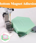 Front view: three-pack magnetic seam guides for sewing machines; mint green polygonal housing with scale, pink inset.