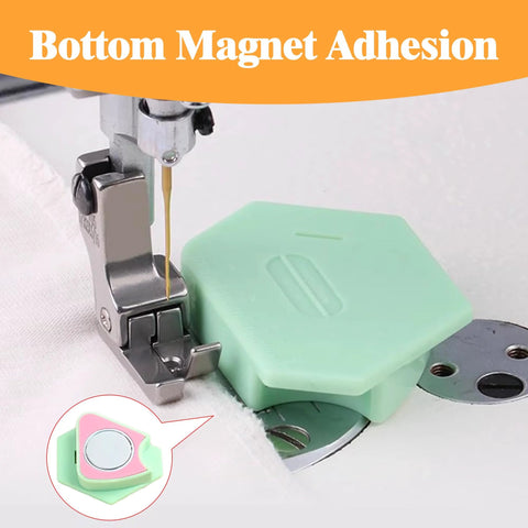 Front view: three-pack magnetic seam guides for sewing machines; mint green polygonal housing with scale, pink inset.
