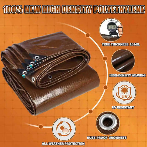 Brown Tarp 20x30 Feet 10 Mil Waterproof Poly Tarp With UV Resistant, Tear Resistant Build shown with grommets and features