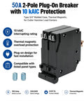 Slick Heavy Duty 2 Pole 50 Amp Circuit Breaker Replacement For Home Load Center Panels, thermal magnetic, 10 KAIC protection.