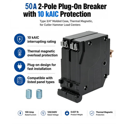 Slick Heavy Duty 2 Pole 50 Amp Circuit Breaker Replacement For Home Load Center Panels, thermal magnetic, 10 KAIC protection.