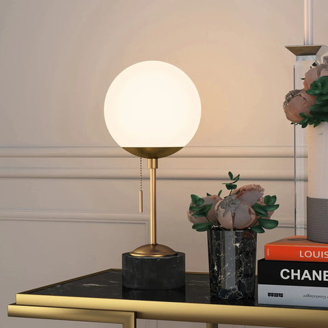 18 Inch Tall Table Lamp With Glass Shade In Brass Black Marble And White Milk Glass For Home Office Living Room Nightstand Soft Diffused Glow