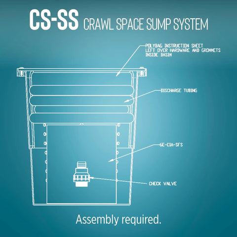 Diagram of 115-Volt Sump Pump System for Crawl Spaces, 1/3 HP, 3000 GPH with discharge tubing and check valve