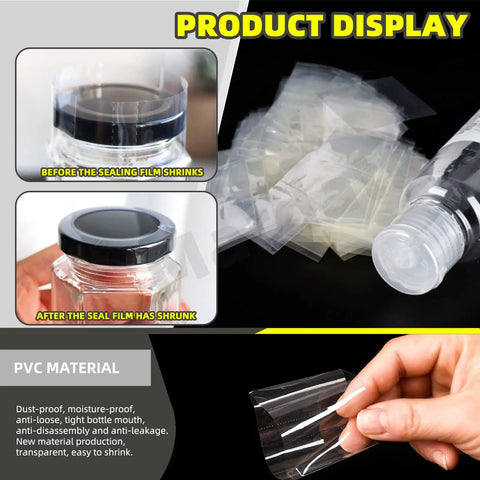 1250 Pcs Clear PVC Heat Shrink Bands 5 Sizes Assorted Perforated Shrink Wrap Film For Essential Oil Bottles Jars before and after sealing demonstration