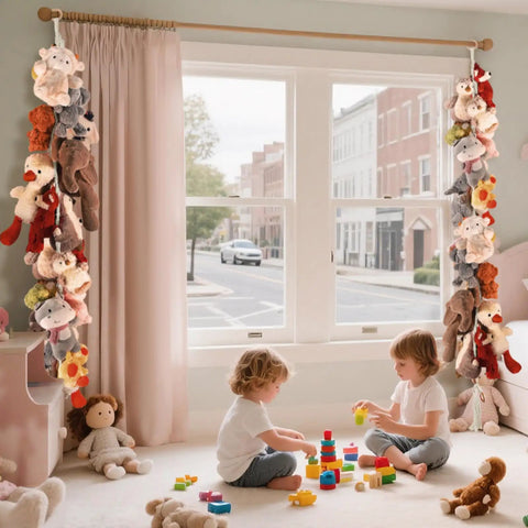 Two children playing under a window with 80 Inch Hanging Storage Chain For Stuffed Animals 2 Pack With 40 Metal Clips in nursery.