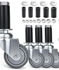 2 Inch Expanding Stem Caster Wheels Set Of Four Furniture Swivel Rollers With Five Adapter Sleeves rolls easy, showcasing black rubber wheels and metal hardware.