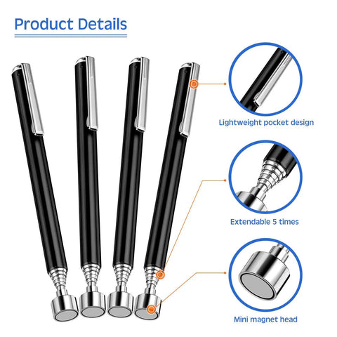 4 Pieces Magnetic Telescoping Pick Up Tool Set with 25 Inch Extendable Magnets, lightweight pocket design, mini magnet head.
