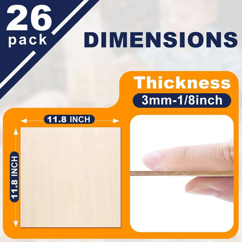 Basswood sheets, 12 x 12 in, 1/8 in (3 mm) thick, 26-pack unfinished wood sheets for crafts