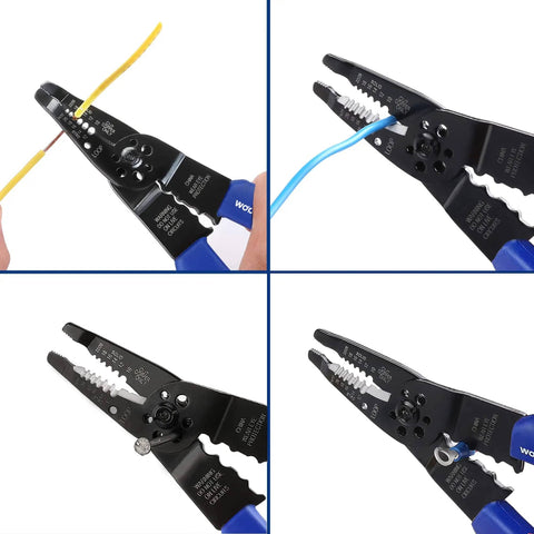 All-In-One 8-Inch Wire Stripper And Multi-Tool Cutter For Stripping, Cutting, And Crimping With A Pliers Nose in use